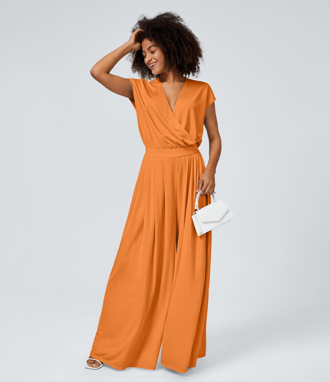 Combinaison Casual Col en V Jambes Large Plissée Manches Courtes Poche Latérale Gaufrée Fluide