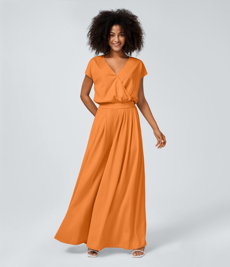 Combinaison Casual Col en V Jambes Large Plissée Manches Courtes Poche Latérale Gaufrée Fluide