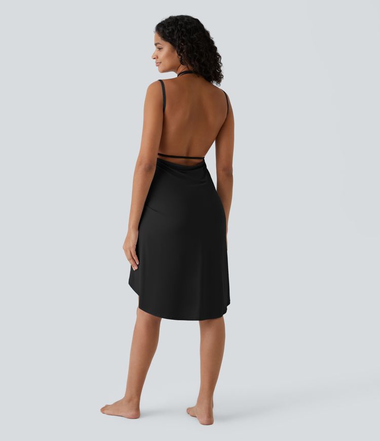 Spaghetti Strap Crossover Backless Cover Up Wrap Cool Touch Resort Dress-UPF50+