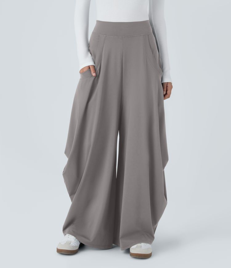 Mid Rise Multiple Pockets Draped Wide Leg Casual Pants