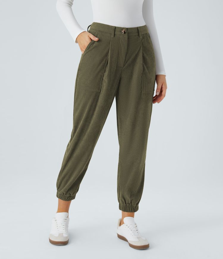 Mid Rise Button Zipper Multiple Pockets Corduroy Casual Joggers