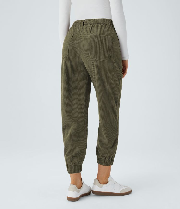 Mid Rise Button Zipper Multiple Pockets Corduroy Casual Joggers
