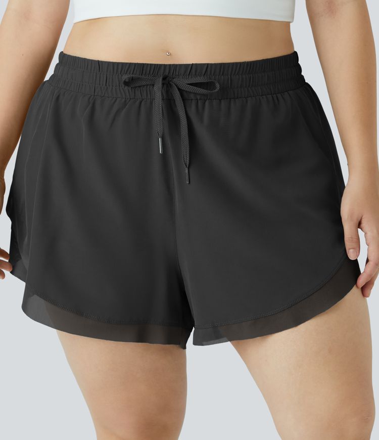 Drawstring Contrast Mesh 2-in-1 Plus Size Shorts 4"