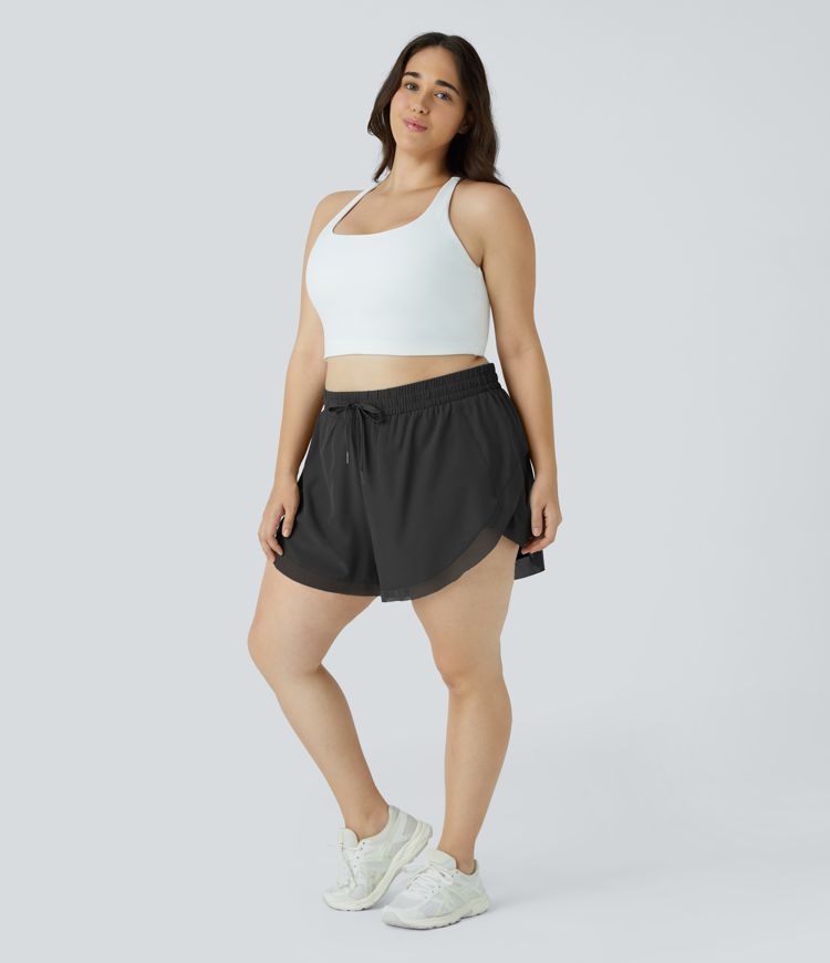 Drawstring Contrast Mesh 2-in-1 Plus Size Shorts 4"