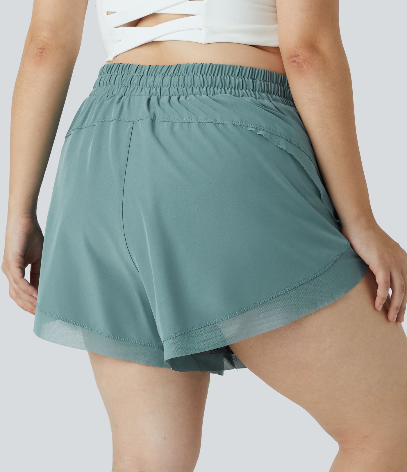 Drawstring Contrast Mesh 2-in-1 Plus Size Shorts 4"