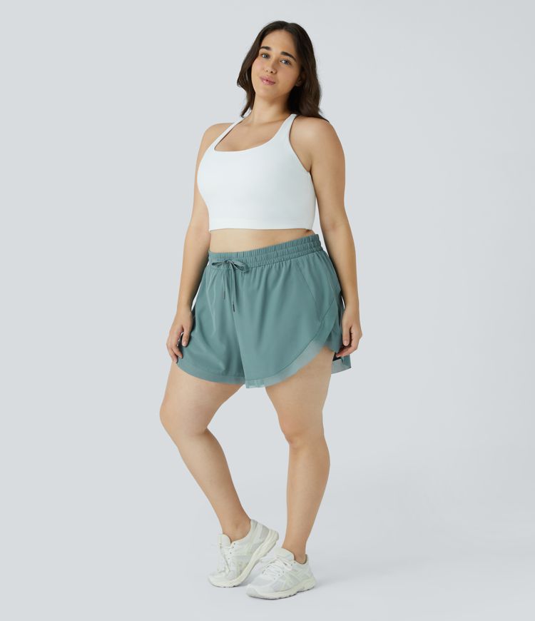 Drawstring Contrast Mesh 2-in-1 Plus Size Shorts 4"