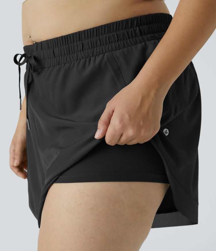 Drawstring Contrast Mesh 2-in-1 Plus Size Shorts 4"