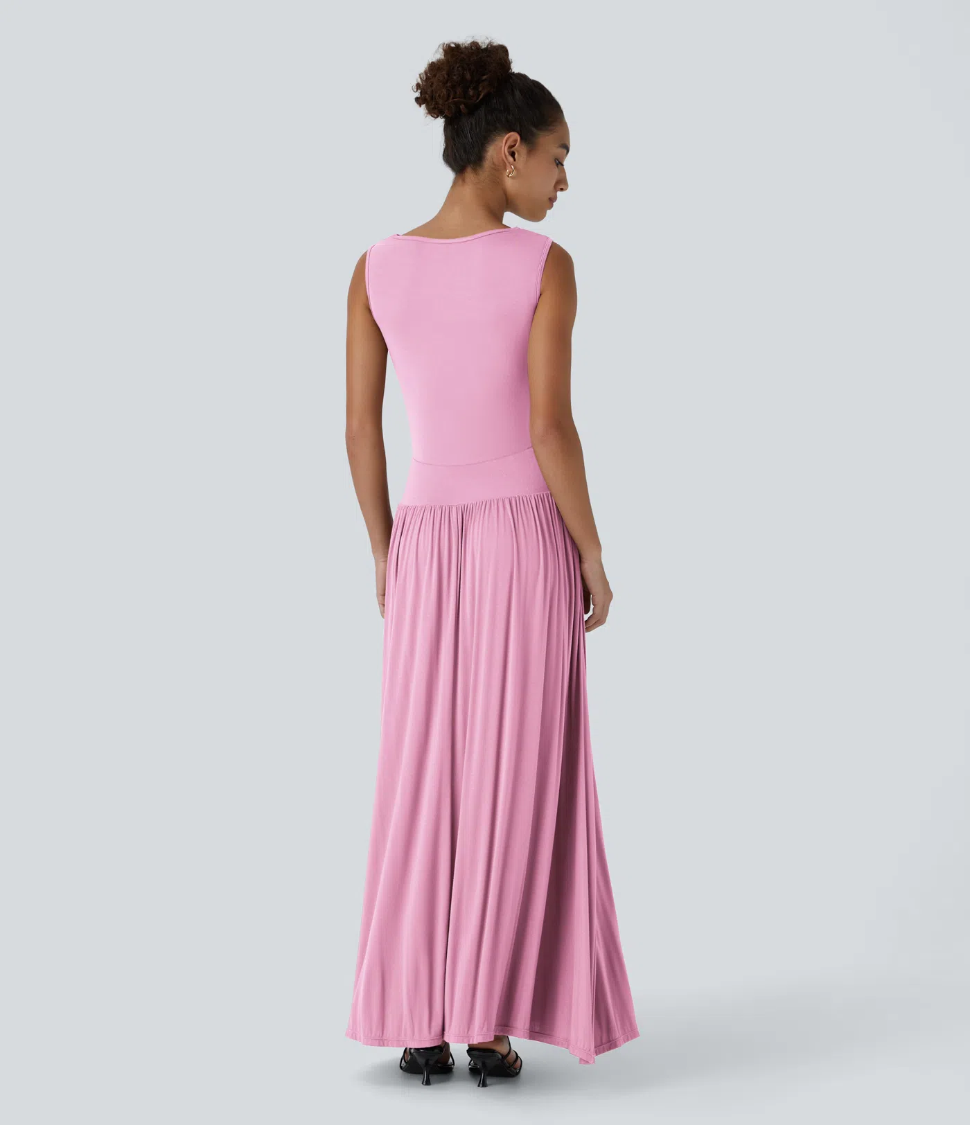 Ribbed Boat Neck Ruched Side Pocket Flowy Maxi Casual Dress