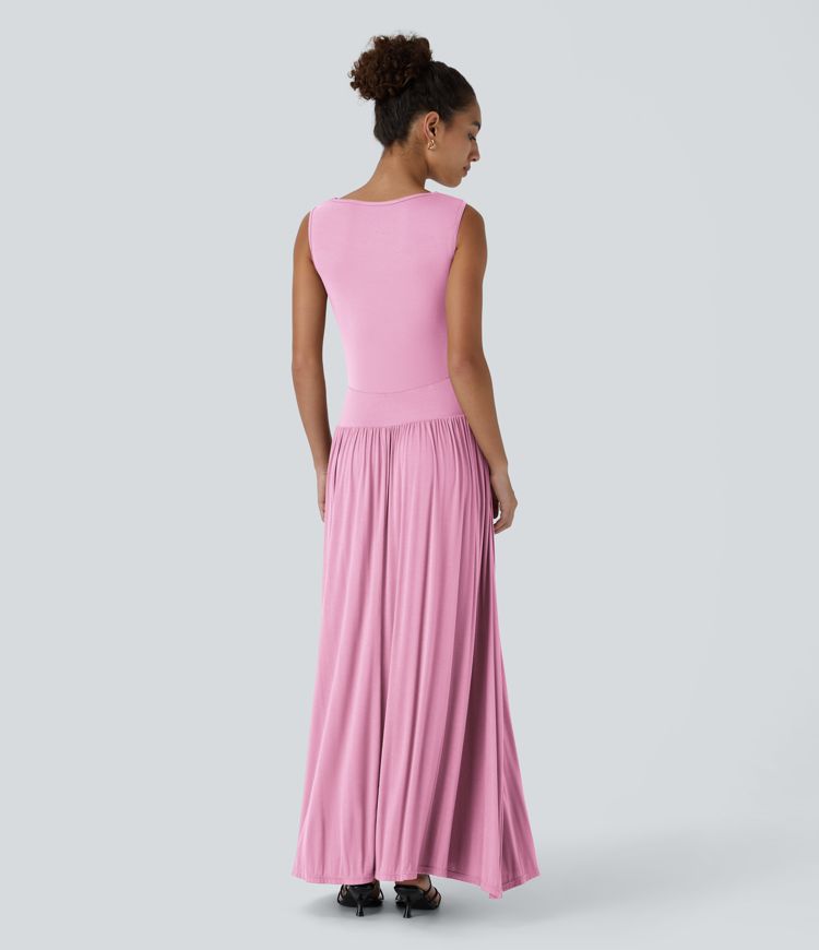 Ribbed Boat Neck Asymmetric Strap Ruched Pocket Flowy Maxi Casual Dress