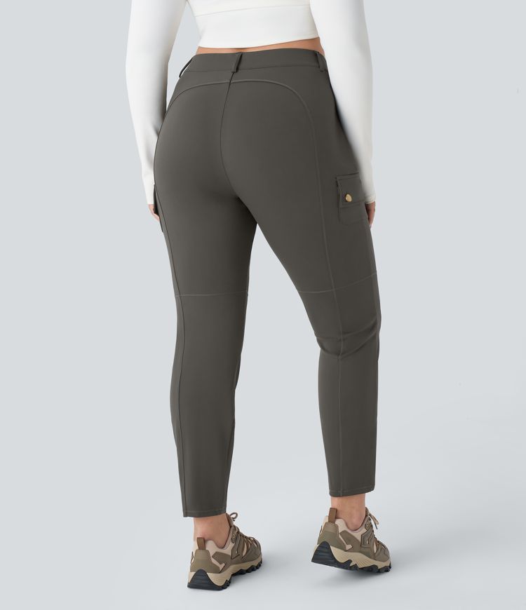 High Waisted Button Zipper Multiple Pockets Solid Slim Hiking Plus Size Cargo Trousers