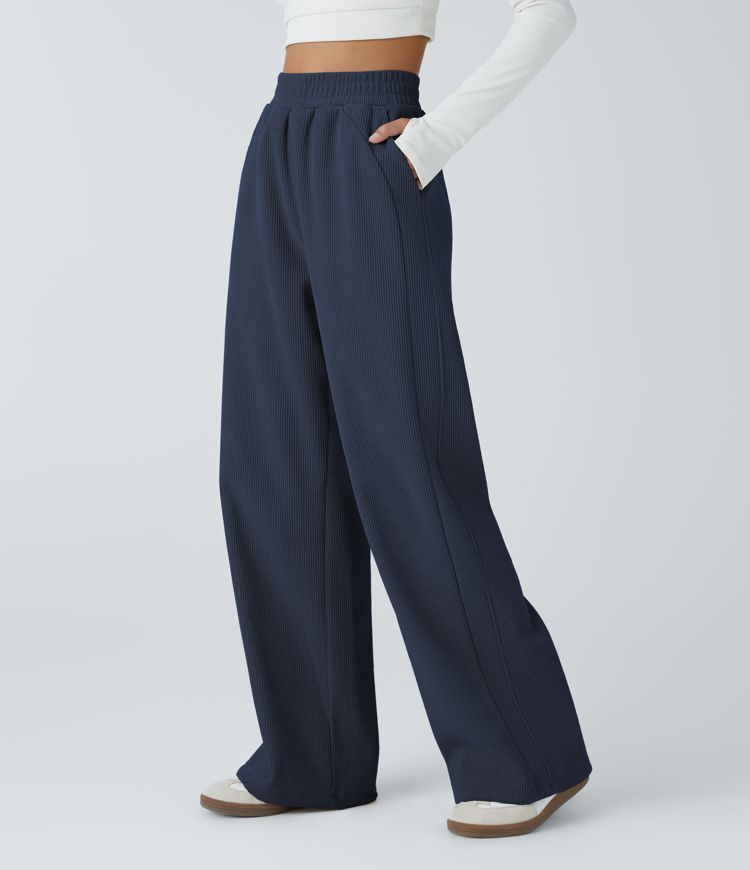 High Waisted Side Pocket Straight Leg Mop Corduroy Casual Pants