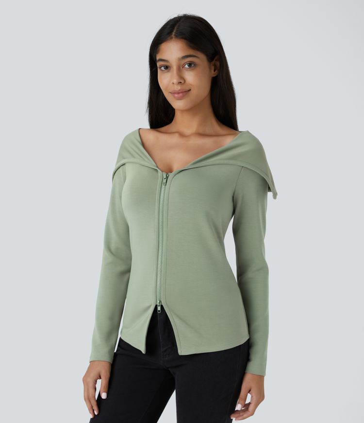 Langärmlig Freizeitjacke mit Kragen, V-Ausschnitt und 2-Wege-Reißverschluss