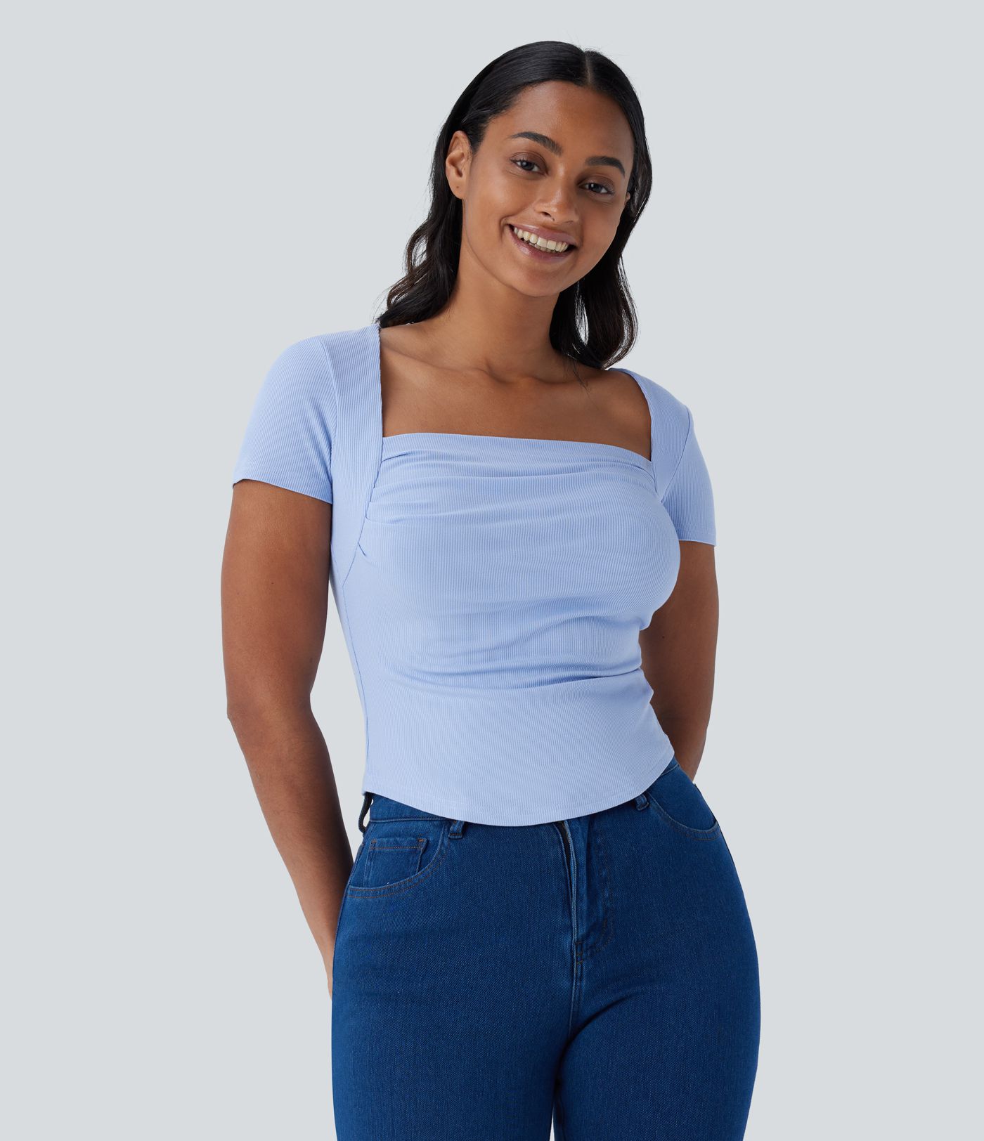 Ribbed Knit Square Neck Ruched Curved Hem 2-in-1 Skinny Casual Baby Tee