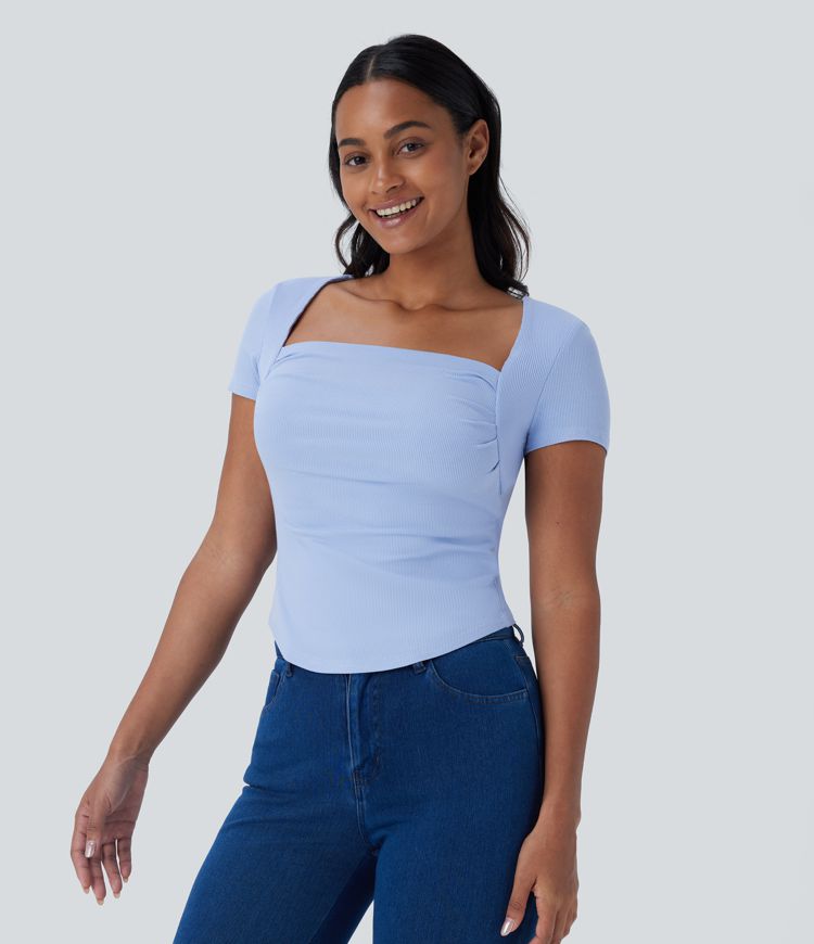 Ribbed Knit Square Neck Ruched Curved Hem 2-in-1 Skinny Casual Baby Tee