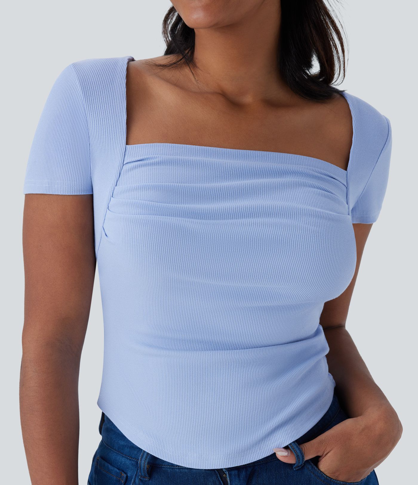 Ribbed Knit Square Neck Ruched Curved Hem 2-in-1 Skinny Casual Baby Tee