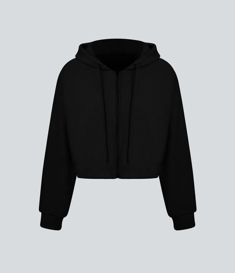 Waffle Hooded Drawstring Zipper Cropped Casual Cotton Sports Sweatshirt