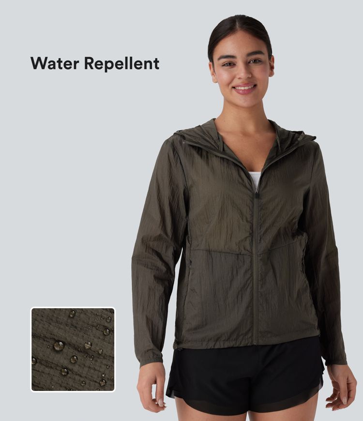 Water Repellent Hooded Long Sleeve Zipper Side Pocket Adjustable Drawcord Hiking Jacket