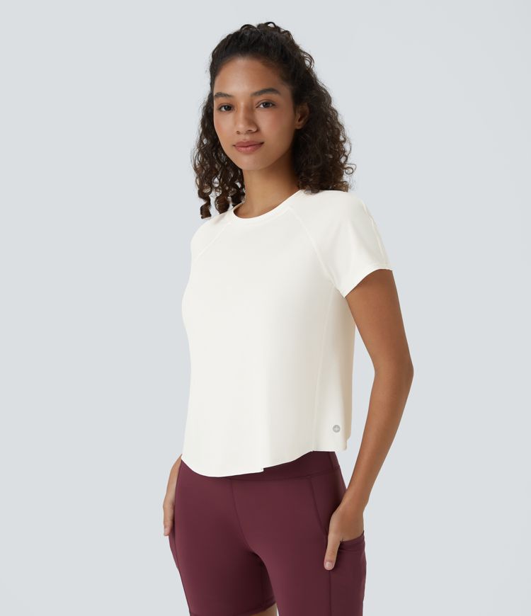 Contrast Mesh Split Hem Short Sleeve Cool Touch Yoga Sports Top-UPF50+