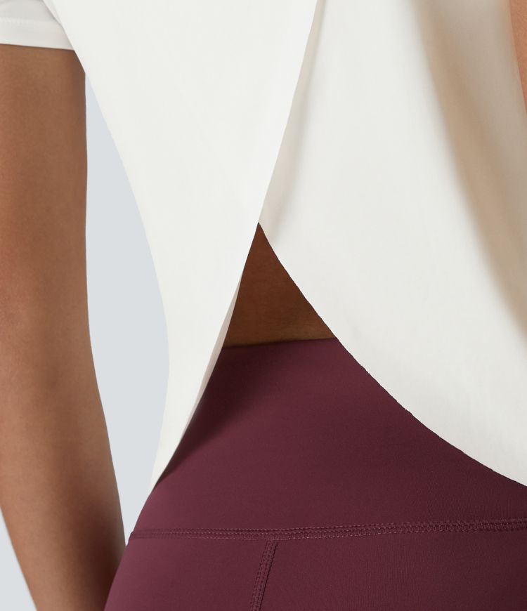 Contrast Mesh Split Hem Short Sleeve Cool Touch Yoga Sports Top-UPF50+