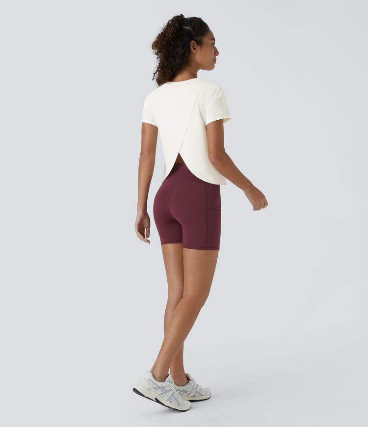 Contrast Mesh Split Hem Short Sleeve Cool Touch Yoga Sports Top-UPF50+