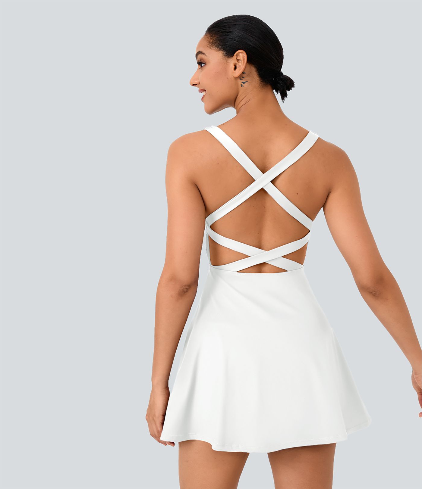 Cross Backless Flare Two-Piece Pocket Dance Active Dress