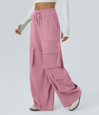 Ribbed Mid Rise Drawstring Pockets Wide Leg Cargo Casual Pants