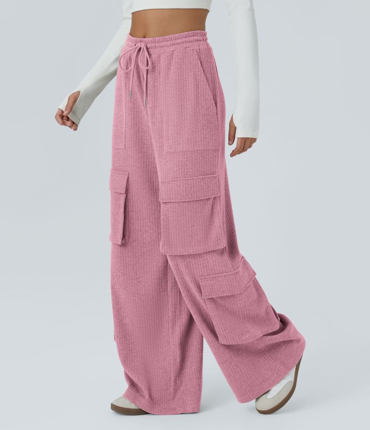 Ribbed Mid Rise Drawstring Pockets Wide Leg Cargo Casual Pants