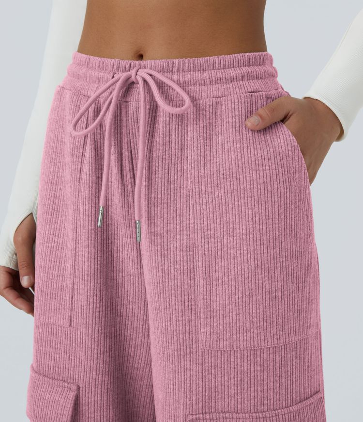 Ribbed Mid Rise Drawstring Pockets Wide Leg Cargo Casual Pants
