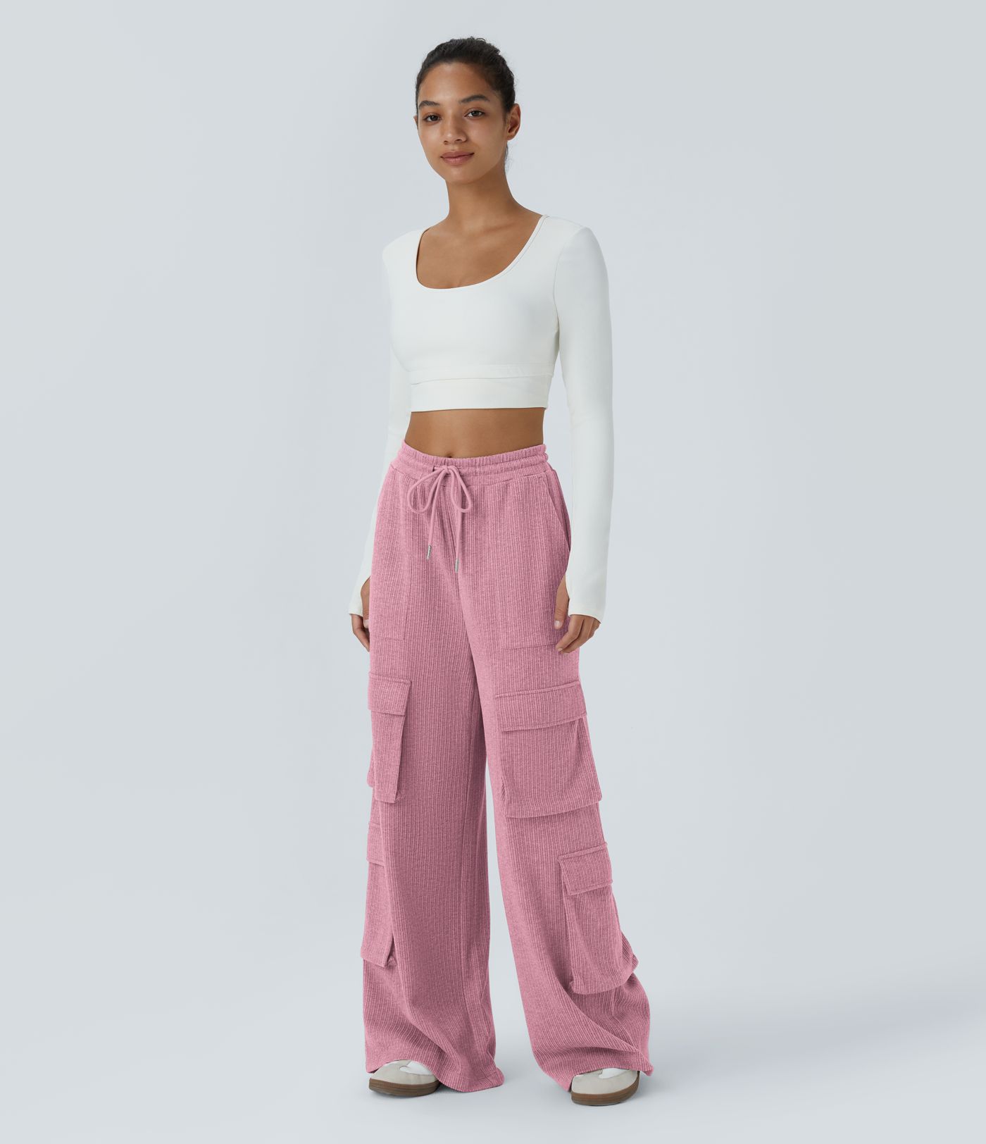 Ribbed Mid Rise Drawstring Pockets Wide Leg Cargo Casual Pants