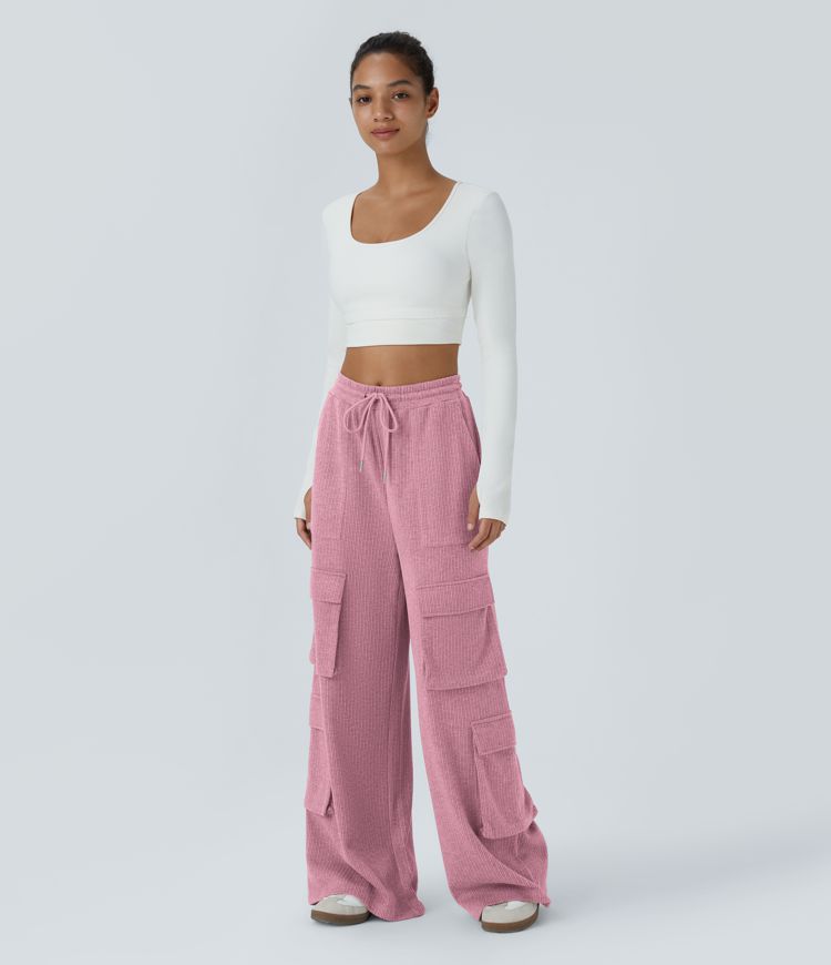 Ribbed Mid Rise Drawstring Pockets Wide Leg Cargo Casual Pants