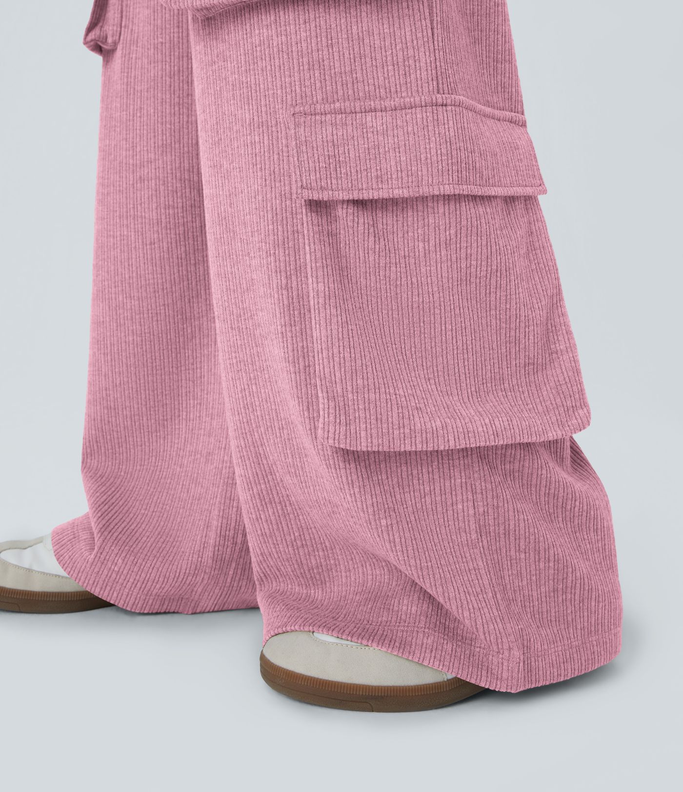 Ribbed Mid Rise Drawstring Pockets Wide Leg Cargo Casual Pants