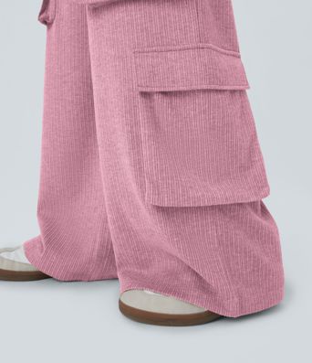 Ribbed Mid Rise Drawstring Pockets Wide Leg Cargo Casual Pants