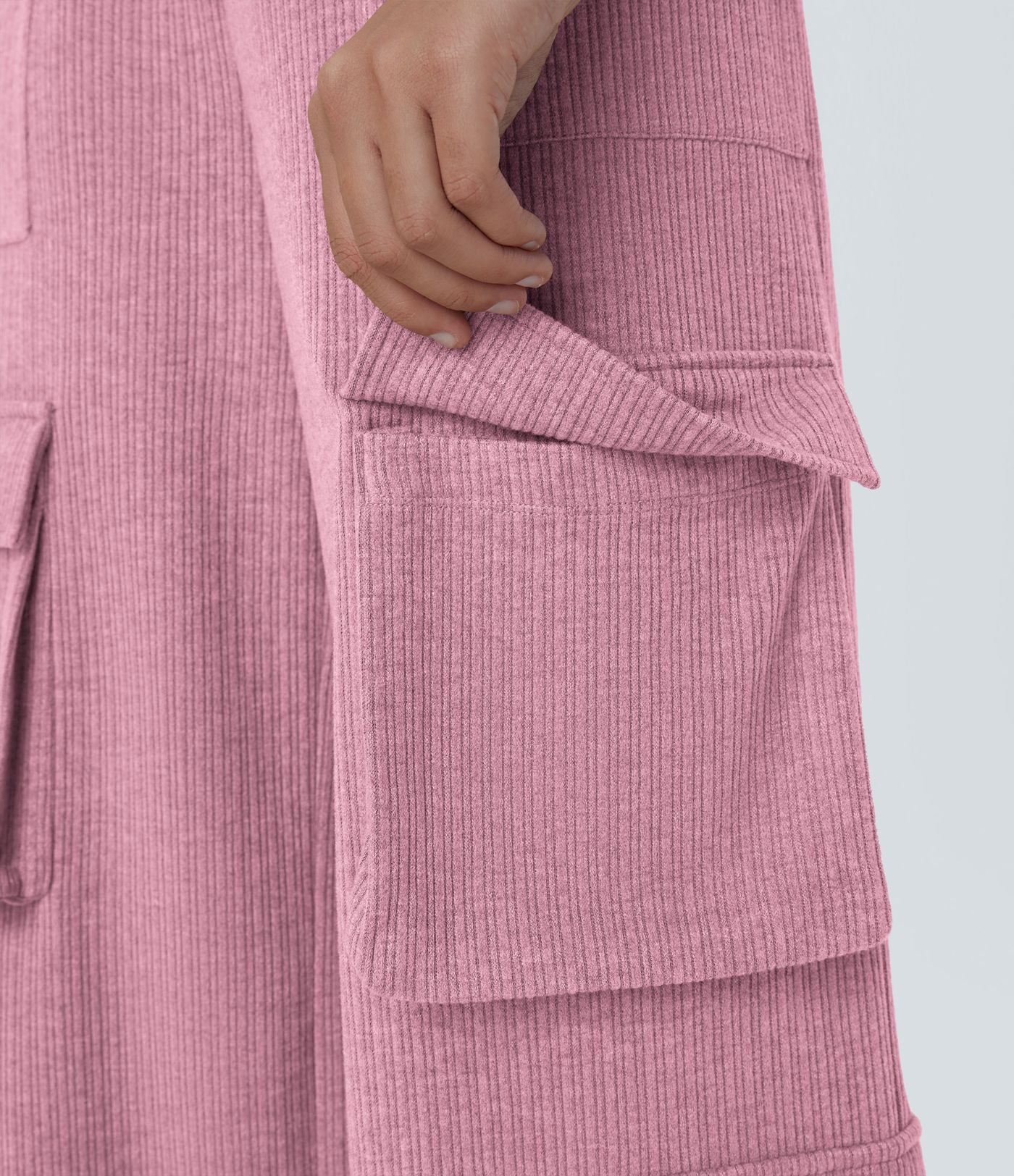 Ribbed Mid Rise Drawstring Pockets Wide Leg Cargo Casual Pants