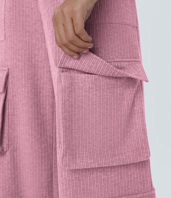 Ribbed Mid Rise Drawstring Pockets Wide Leg Cargo Casual Pants