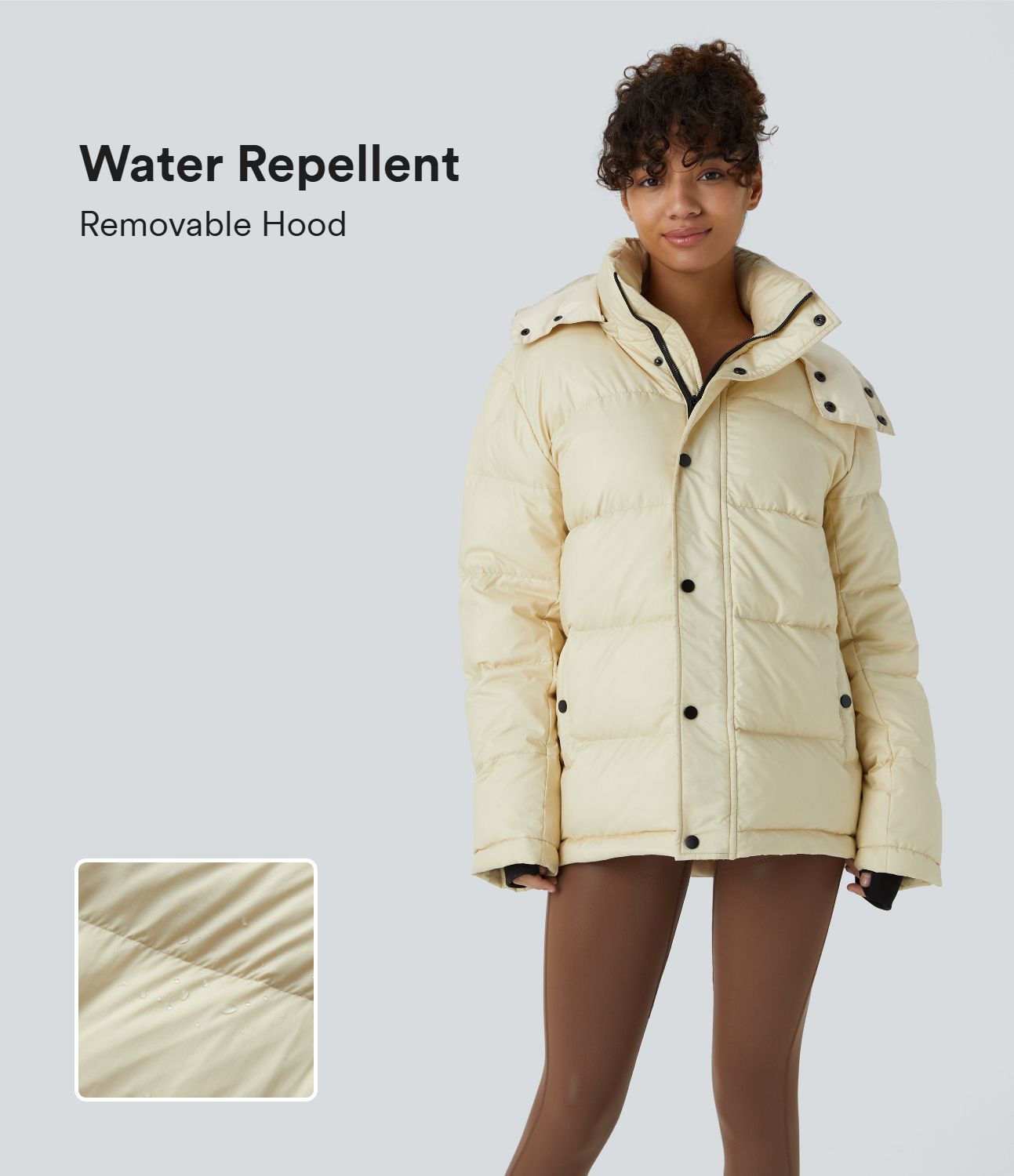 Water Repellent Removable Hood Stand Collar Button Zipper Long Sleeve Multiple Pockets Adjustable Drawcord Casual Puffer Down Jacket
