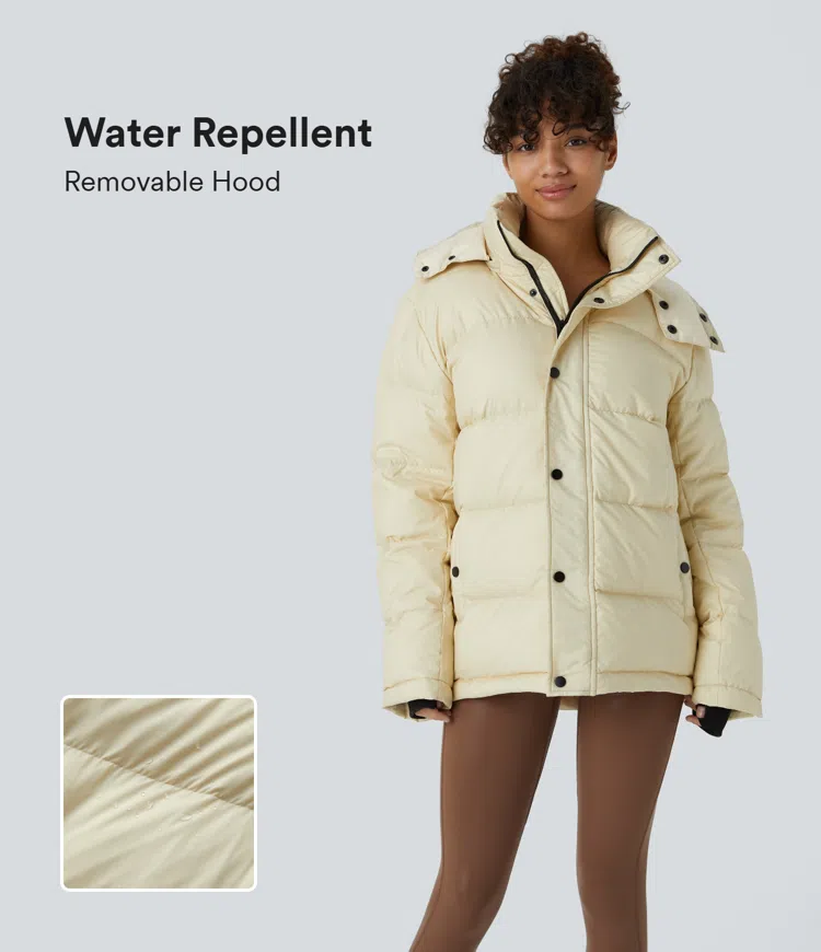 Chaqueta acolchada capucha extraíble repelente agua cuello alto cierre botón manga larga múltiple bolsillo cordón ajustable