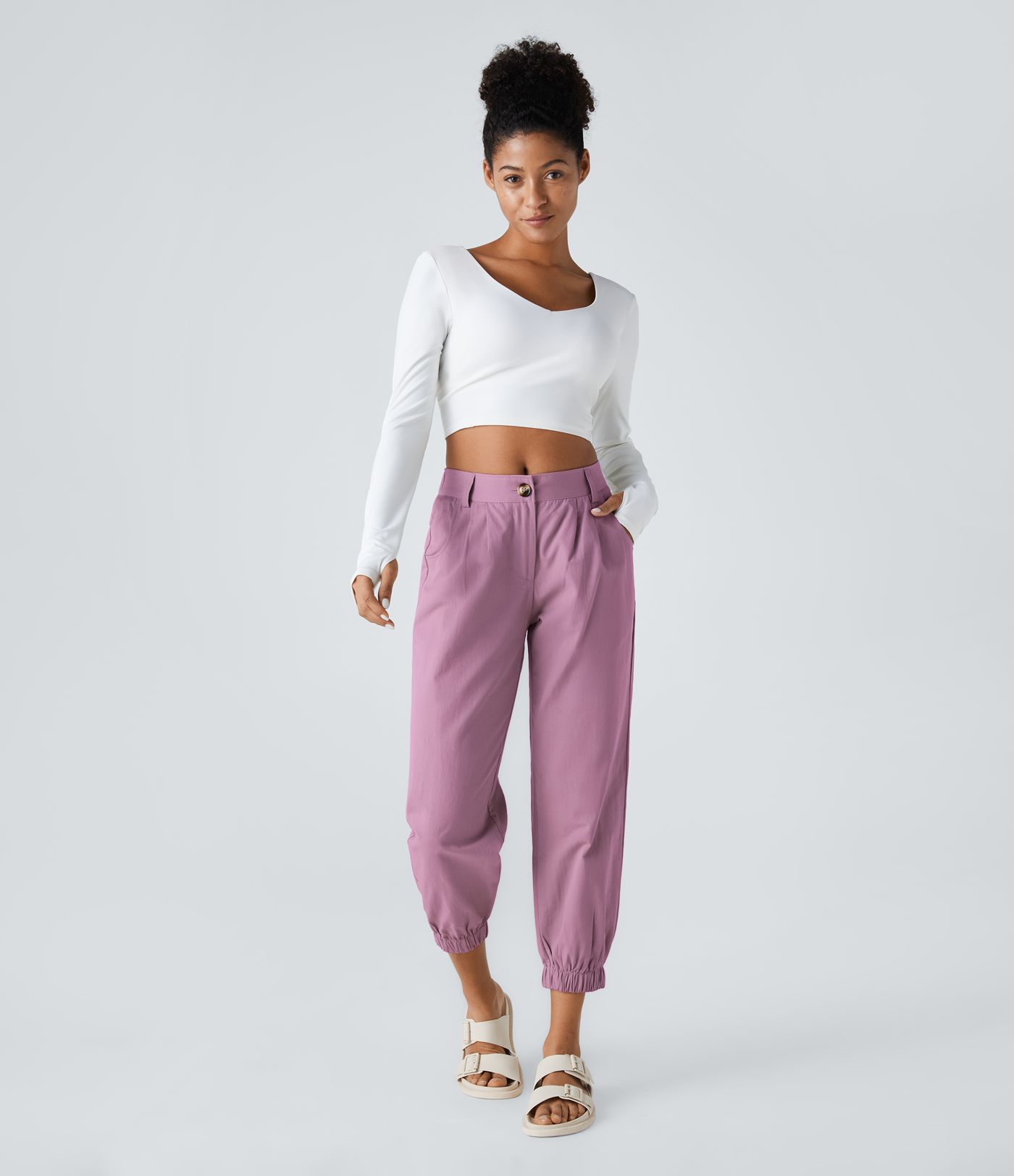 Mid Rise Button Zipper Side Pocket Casual Cotton Joggers