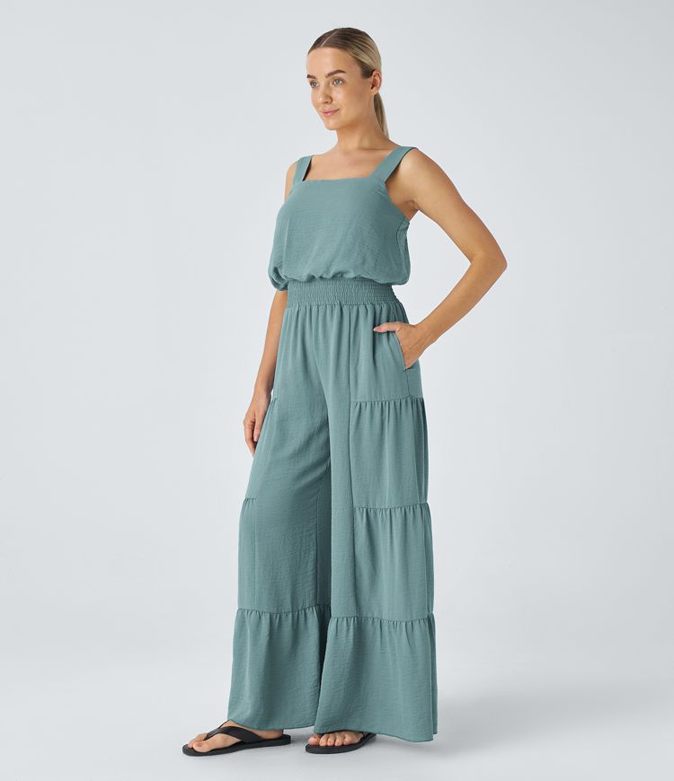 Square Neck Backless Side Pocket Wide Leg Flowy Resort Linen-Feel Jumpsuit