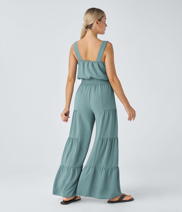 Square Neck Backless Side Pocket Wide Leg Flowy Resort Linen-Feel Jumpsuit