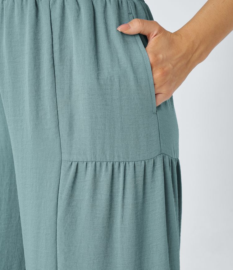 Square Neck Backless Side Pocket Wide Leg Flowy Resort Linen-Feel Jumpsuit