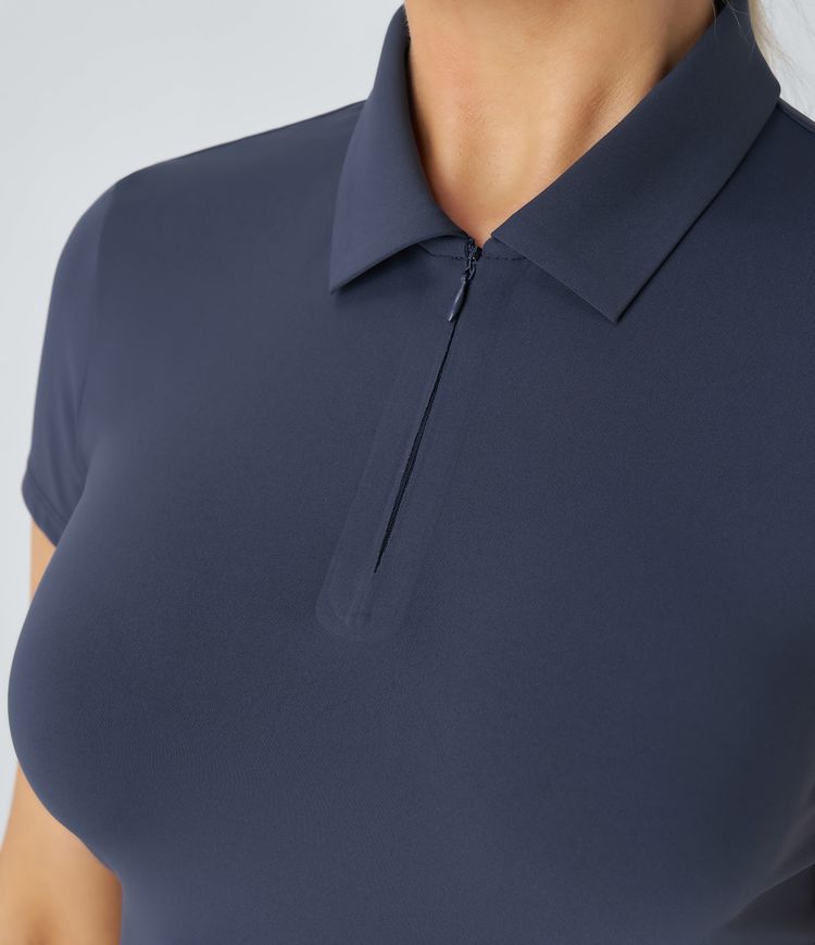 Top Sportif de Tennis à Col Polo Manches Courtes et Zip Demi-longueur