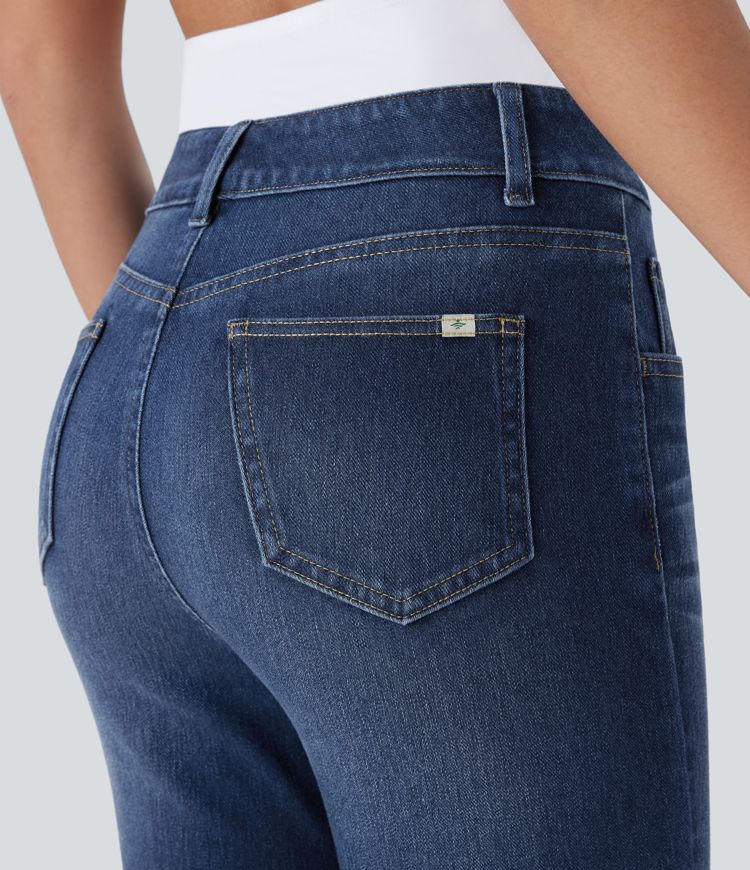 Halara Flex™ überziehbare Skinny-Jeans mit mittelhohem Bund, mehreren Taschen, dehnbarem Strick