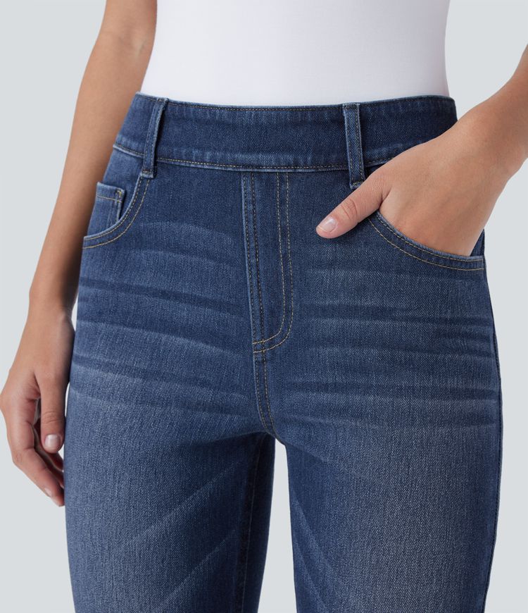 Halara Flex™ überziehbare Skinny-Jeans mit mittelhohem Bund, mehreren Taschen, dehnbarem Strick