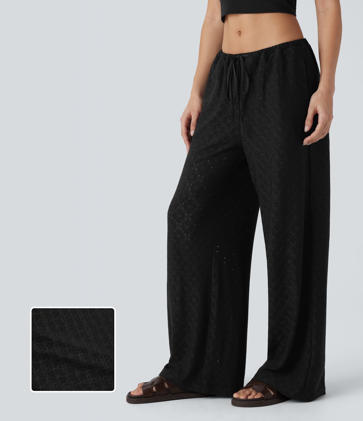 Low Rise Drawstring Pocket 2-in-1 Wide Leg Eyelet Embroidery Casual Pants