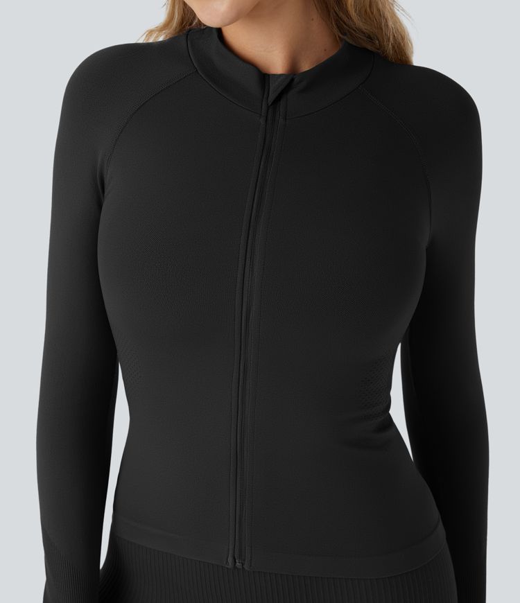 Veste de yoga ajustée sans coutures Flow, col montant, manches raglan et passe-pouces