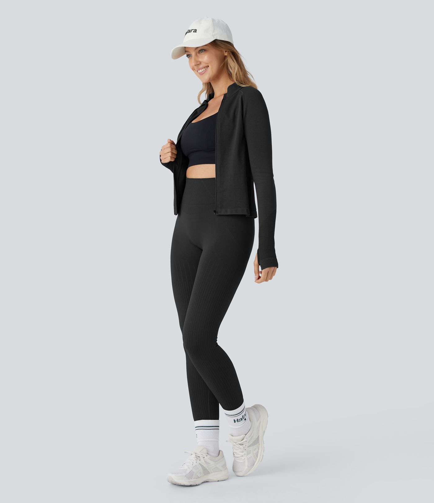 Veste yoga ajustée zippée col montant manches raglan avec passants pouces sans couture OneForm Seamless Flow