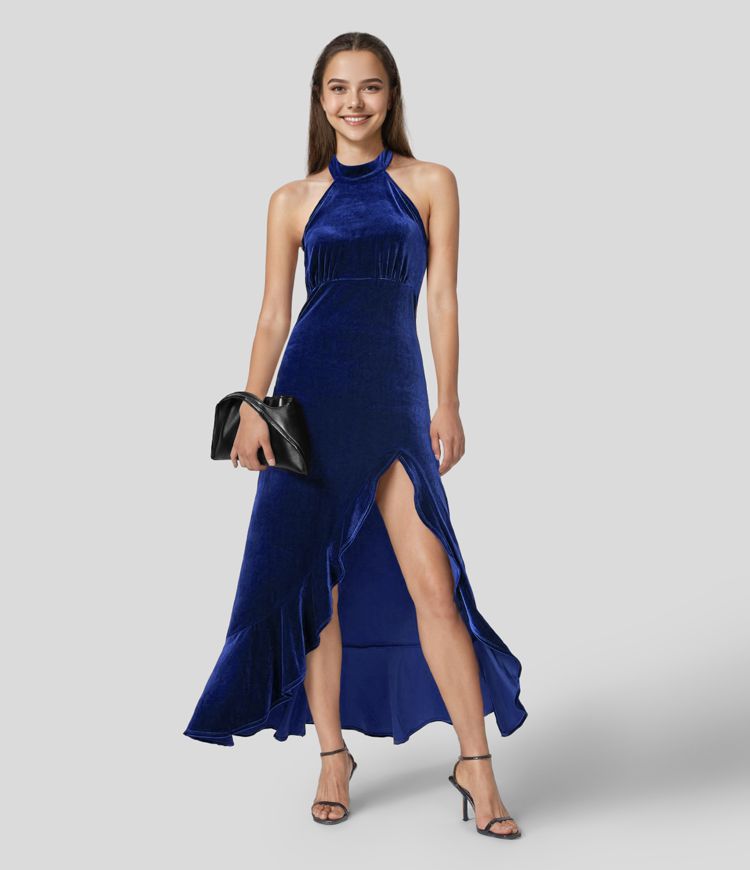 Halter Neck Backless Invisible Zipper Ruffle Hem Split Velvet Maxi Party Dress