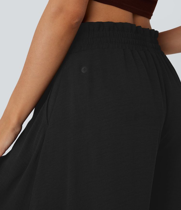 Pantalones casuales de lino con cintura alta, cordón, bolsillos y pierna ancha 2 en 1
