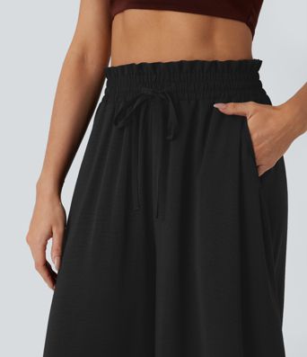 Pantalones casuales de lino con cintura alta, cordón, bolsillos y pierna ancha 2 en 1