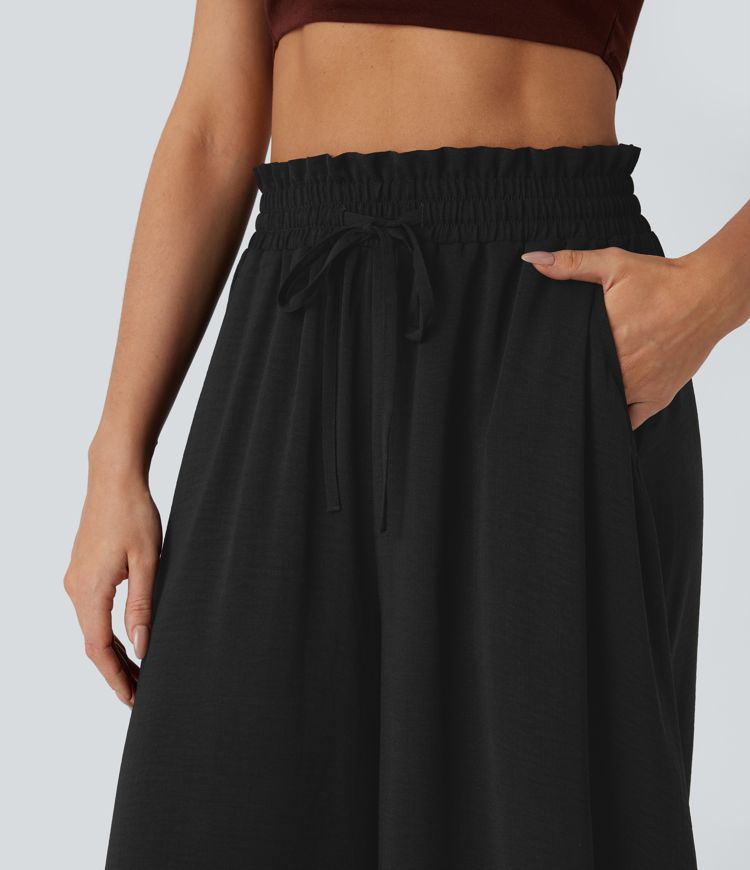 Pantalones casuales de lino con cintura alta, cordón, bolsillos y pierna ancha 2 en 1